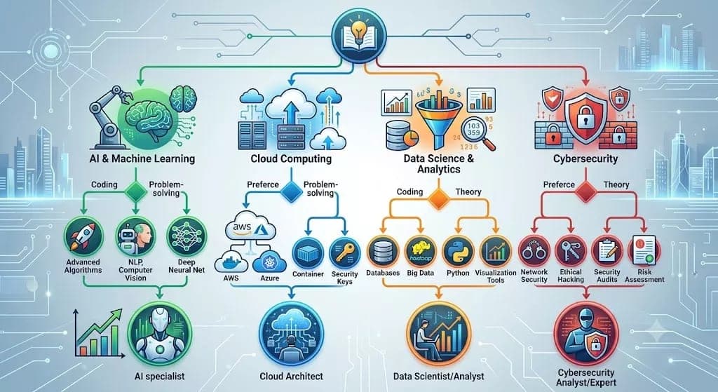 2026లో IT ఉద్యోగానికి ఏ Career Path → ఏ Skills? AI vs Cloud vs Data vs Cyber Decision Tree